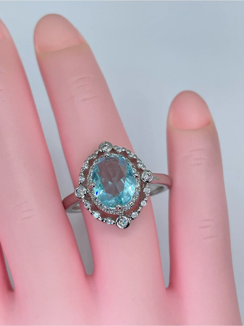 Swarovski Crystal Elements Aquamarine Blue Crystal Halo Art Deco Ring Sz 10